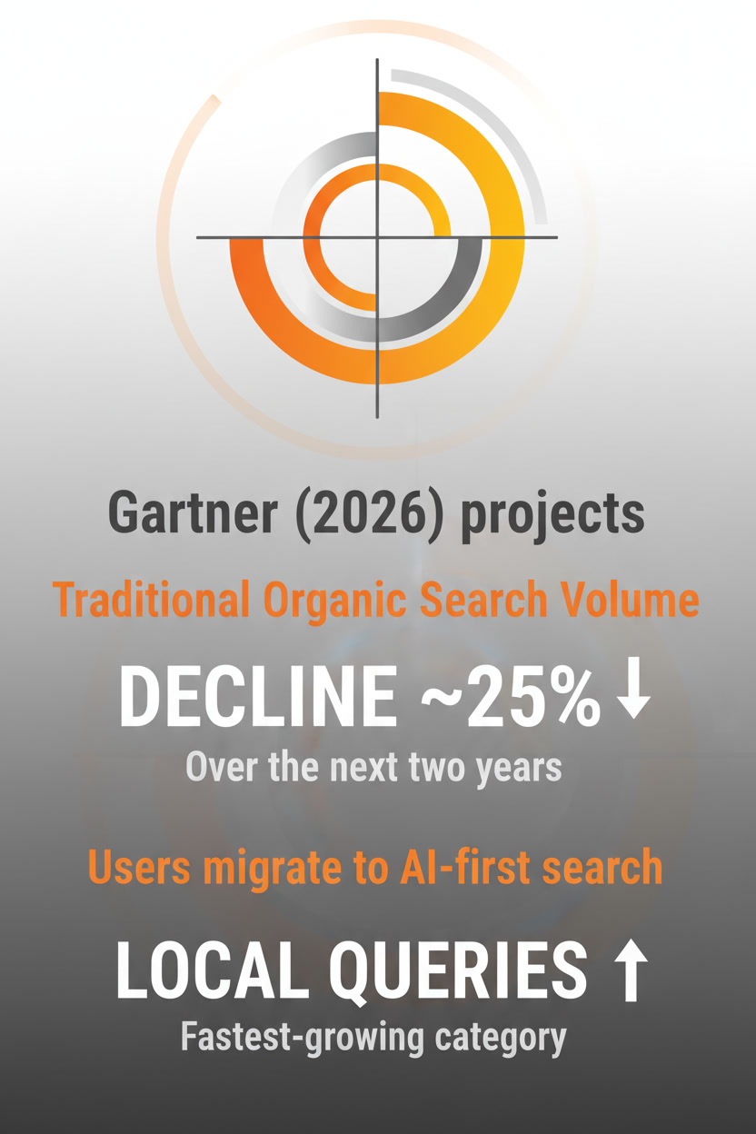 Gartner 2026 projects traditional organic search volume to decline 25% as users migrate to AI-first search