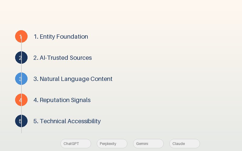 Diagram showing the five pillars of GEO: Entity Foundation, AI-Trusted Sources, Natural Language Content, Reputation Signals, and Technical Accessibility, feeding into AI models like ChatGPT, Perplexity, Gemini and Claude